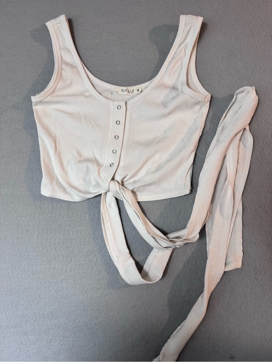ILLA ILLA Tops - ILLA ILLA Cream Ribbed Tie-Front Crop Tank Top